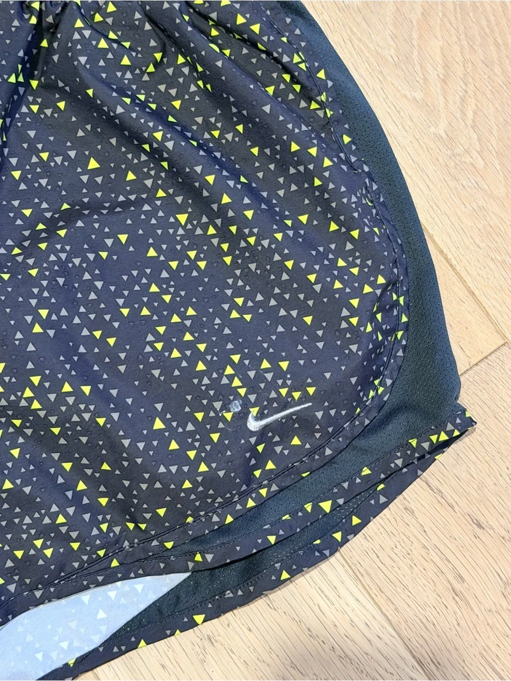 Nike Black Running Shorts with Neon Green Triangle Print size large